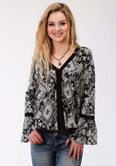 Roper Womens Black And White Diamond Floral Print Long Sleeve Western Shirt