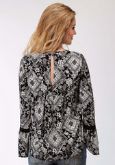 Roper Womens Black And White Diamond Floral Print Long Sleeve Western Shirt - Roper