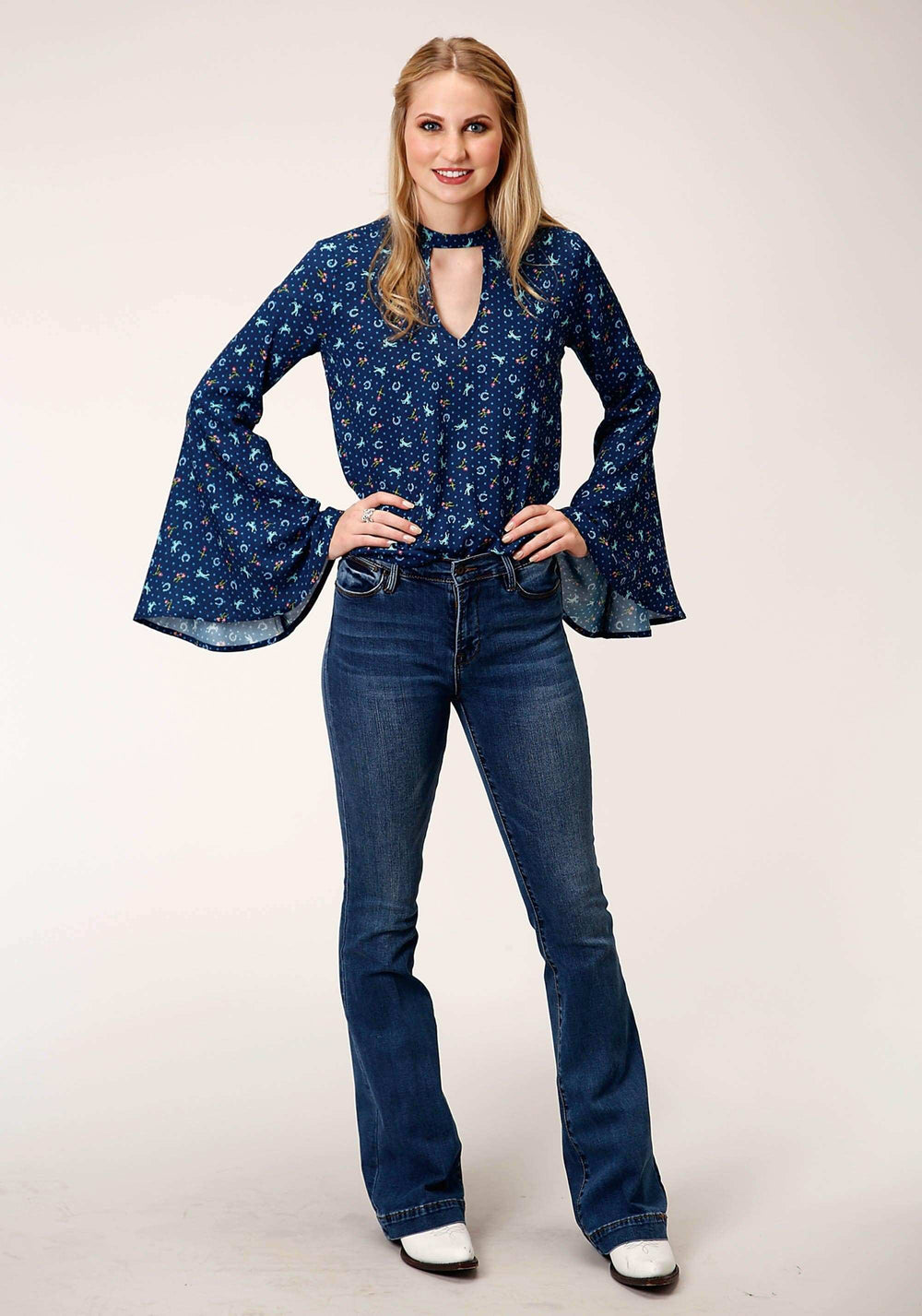 Roper Womens Horse Print Rayon Blouse Long Sleeve Button Western Shirt - Roper - Flyclothing LLC