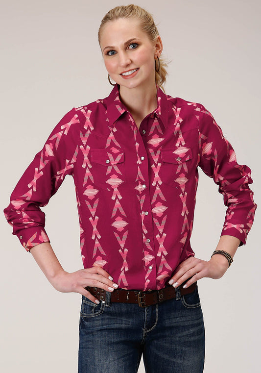 Roper Womens Long Sleeve Snap Wine Aztec Print Western Western Shirt - Roper