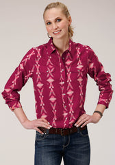 Roper Womens Long Sleeve Snap Wine Aztec Print Western Western Shirt