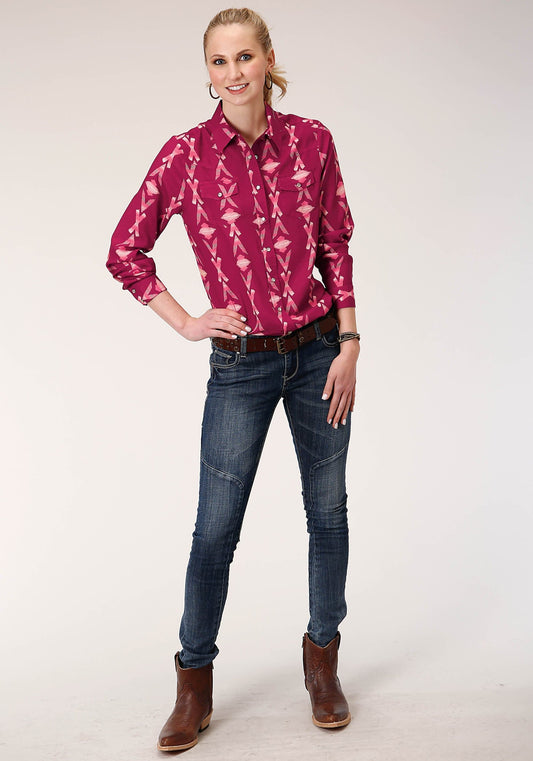 Roper Womens Long Sleeve Snap Wine Aztec Print Western Western Shirt - Roper