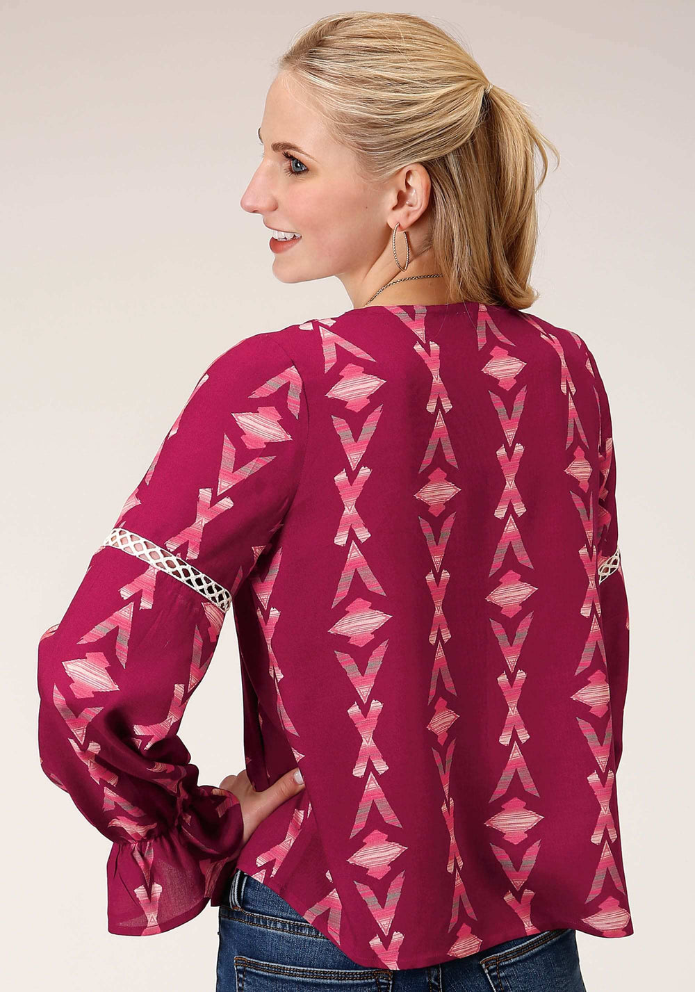 Roper Womens Long Sleeve Wine Aztec Print Peasan Blouse - Roper - Flyclothing LLC