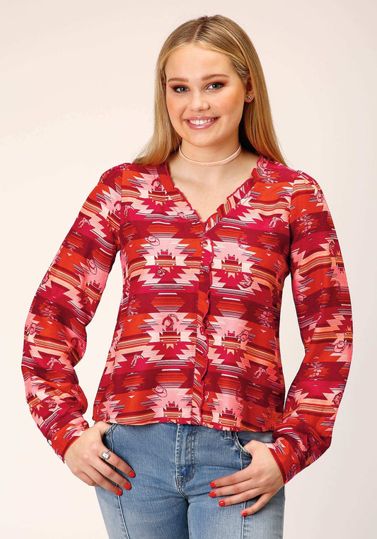 Roper WOMENS LONG SLEEVE RAYON AZTEC PRINT BLOUSE - Roper - Flyclothing LLC
