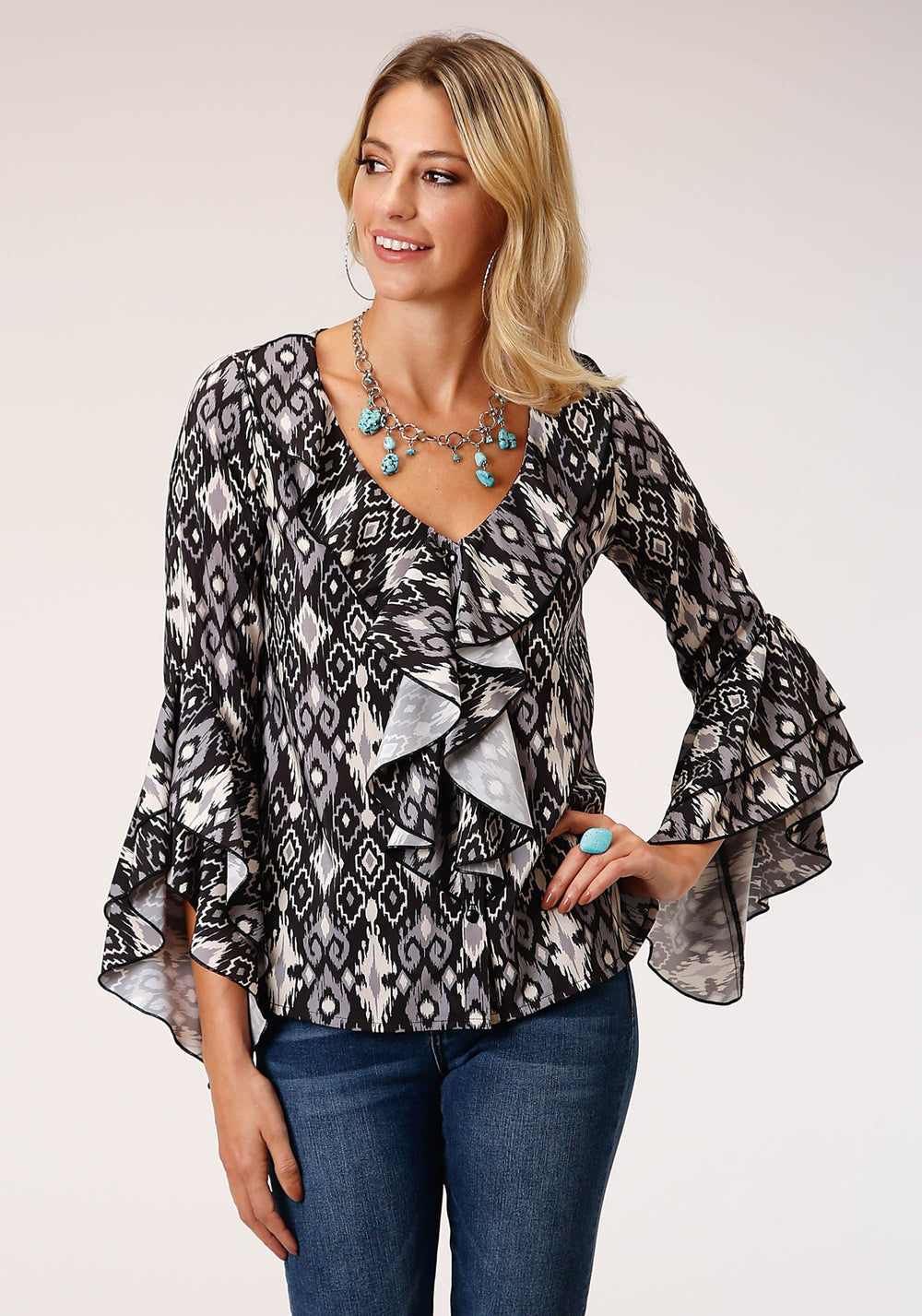 Roper Womens Long Sleeve Poly Crepe Blouse With Ruffles - Roper