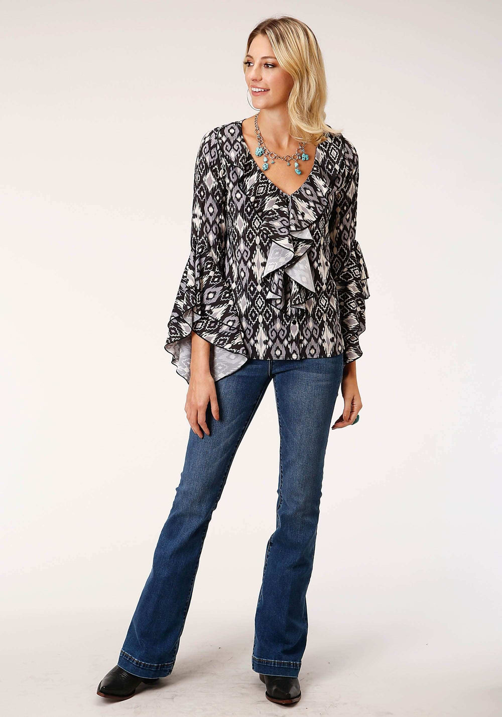 Roper Womens Long Sleeve Poly Crepe Blouse With Ruffles - Roper - Flyclothing LLC