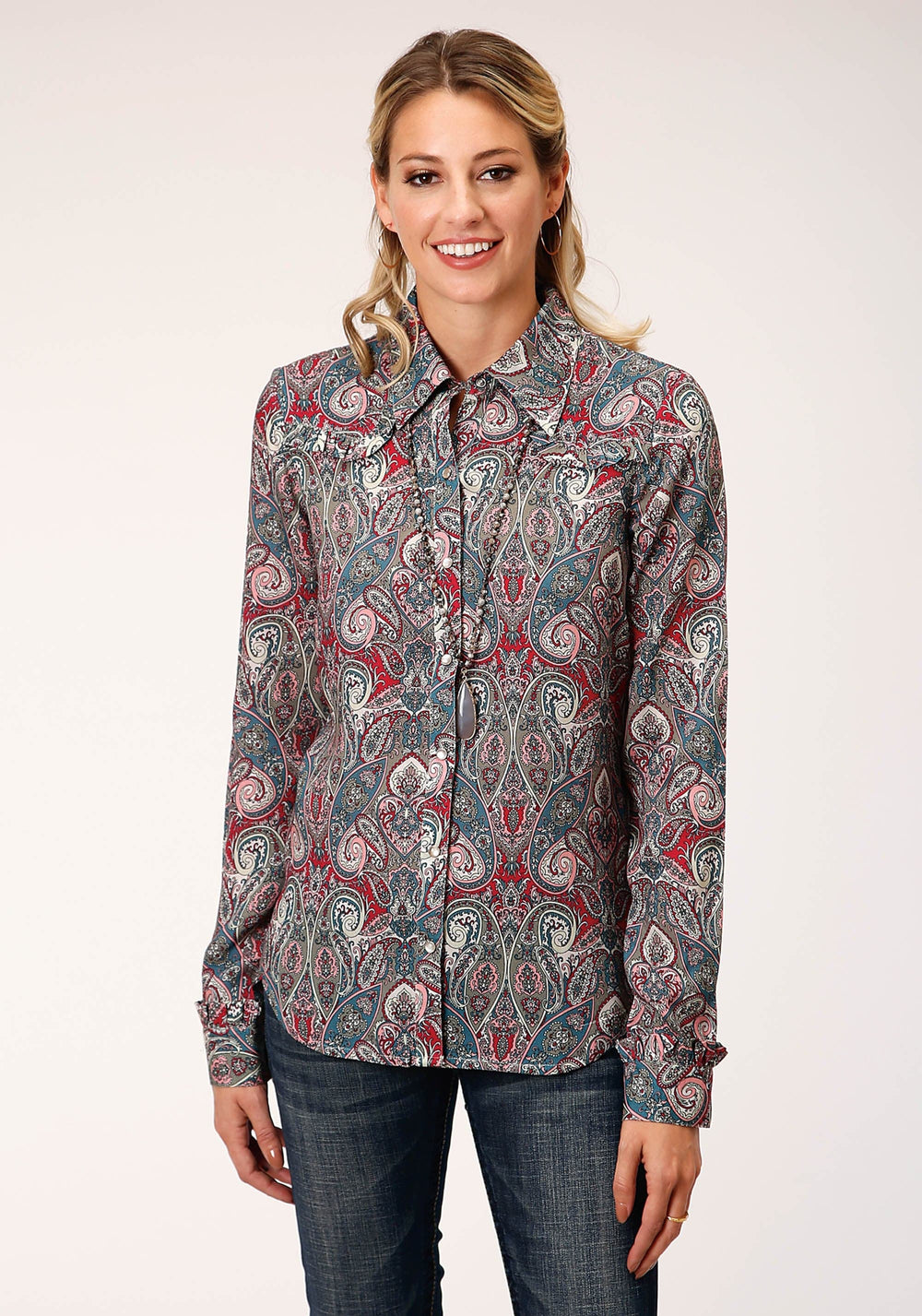 Roper Womens Long Sleeve Snap Sage Paisley Print Rayon Shirt Western Shirt - Roper