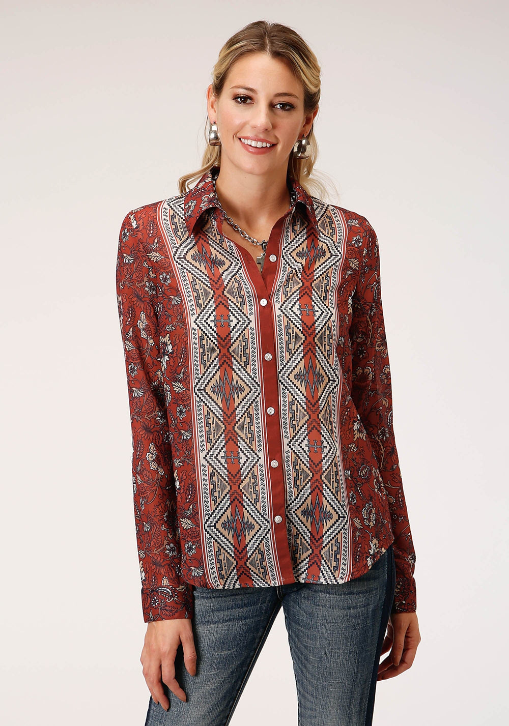 Roper Womens Long Sleeve Rust Floral Border Print Blouse - Roper
