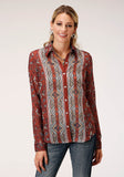 Roper Womens Long Sleeve Rust Floral Border Print Blouse - Roper