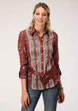 Roper Womens Long Sleeve Rust Floral Border Print Blouse - Roper