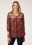 Roper Womens Long Sleeve Rust Floral Border Print Blouse - Roper