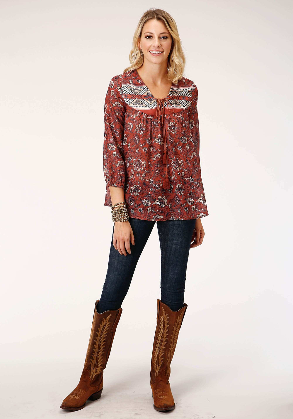Roper Womens Long Sleeve Rust Floral Border Print Blouse - Roper - Flyclothing LLC
