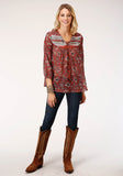 Roper Womens Long Sleeve Rust Floral Border Print Blouse - Roper