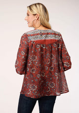 Roper Womens Long Sleeve Rust Floral Border Print Blouse - Roper - Flyclothing LLC