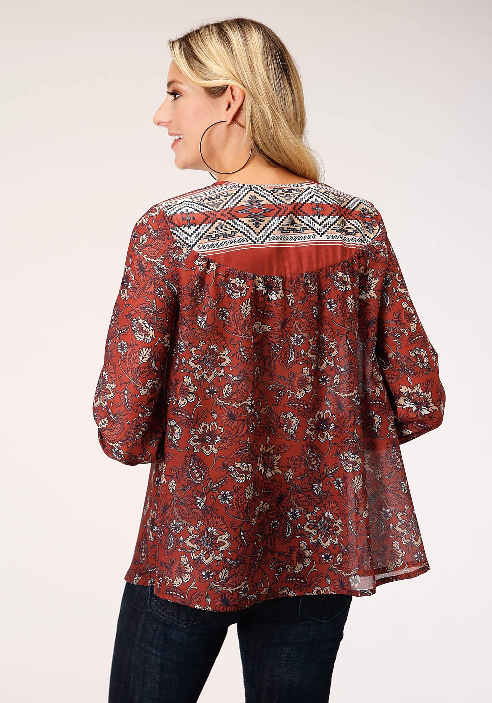 Roper Womens Long Sleeve Rust Floral Border Print Blouse - Roper - Flyclothing LLC