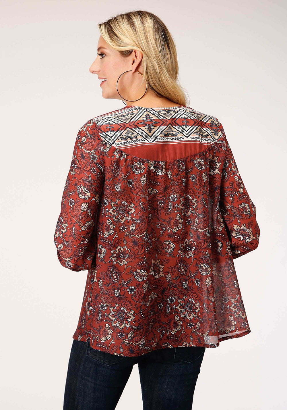 Roper Womens Long Sleeve Rust Floral Border Print Blouse - Roper - Flyclothing LLC