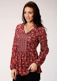 Roper Womens Red Floral Print Long Sleeve Western Shirt - Roper