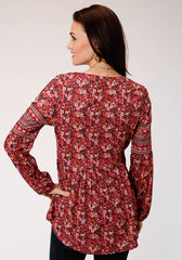 Roper Womens Red Floral Print Long Sleeve Western Shirt