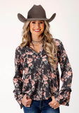 Roper Womens Long Sleeve Coral Floral Print Peasant Blouse - Roper