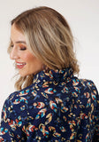 Roper Womens Long Sleeve Snap Poly Crepe Feather Foliage Print Western Shirt - Roper