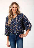 Roper Womens Long Sleeve Poly Crepe Feather Foliage Print Blouse - Roper
