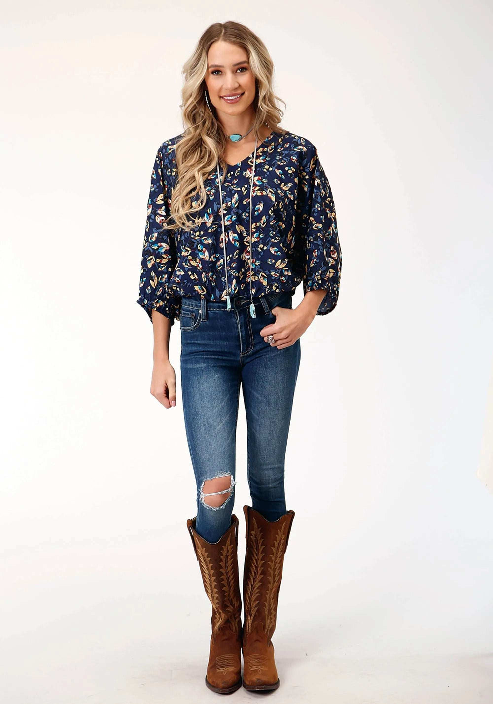 Roper Womens Long Sleeve Poly Crepe Feather Foliage Print Blouse - Roper - Flyclothing LLC