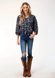 Roper Womens Long Sleeve Poly Crepe Feather Foliage Print Blouse - Roper