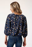 Roper Womens Long Sleeve Poly Crepe Feather Foliage Print Blouse - Roper