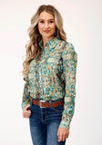Roper Womens Long Sleeve Shirt Button Poly Teal Snake Print Western Shirt - Roper