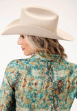Roper Womens Long Sleeve Shirt Button Poly Teal Snake Print Western Shirt - Roper