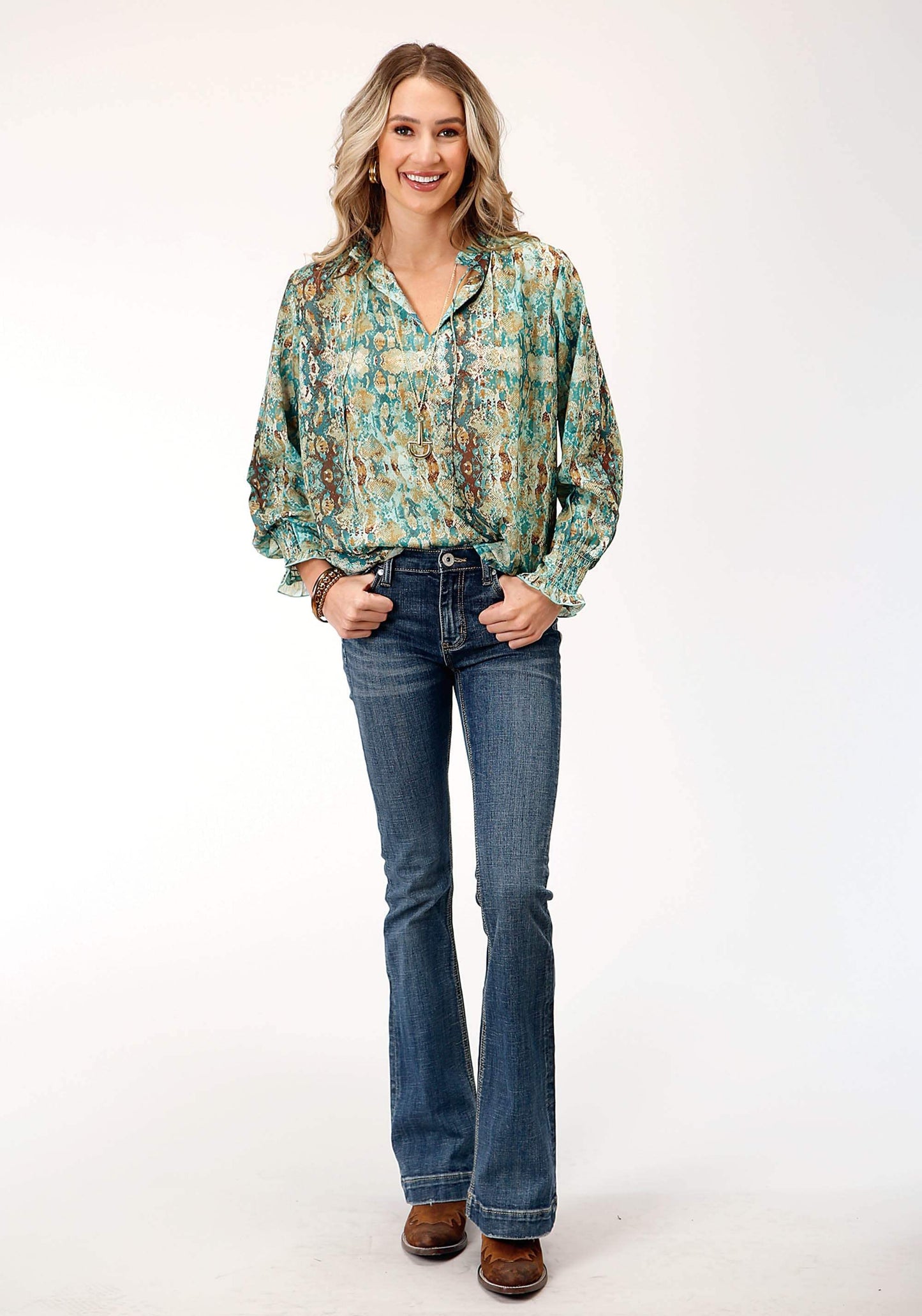 Roper Womens Long Sleeve Poly Teal Snake Print Blouse - Roper - Flyclothing LLC