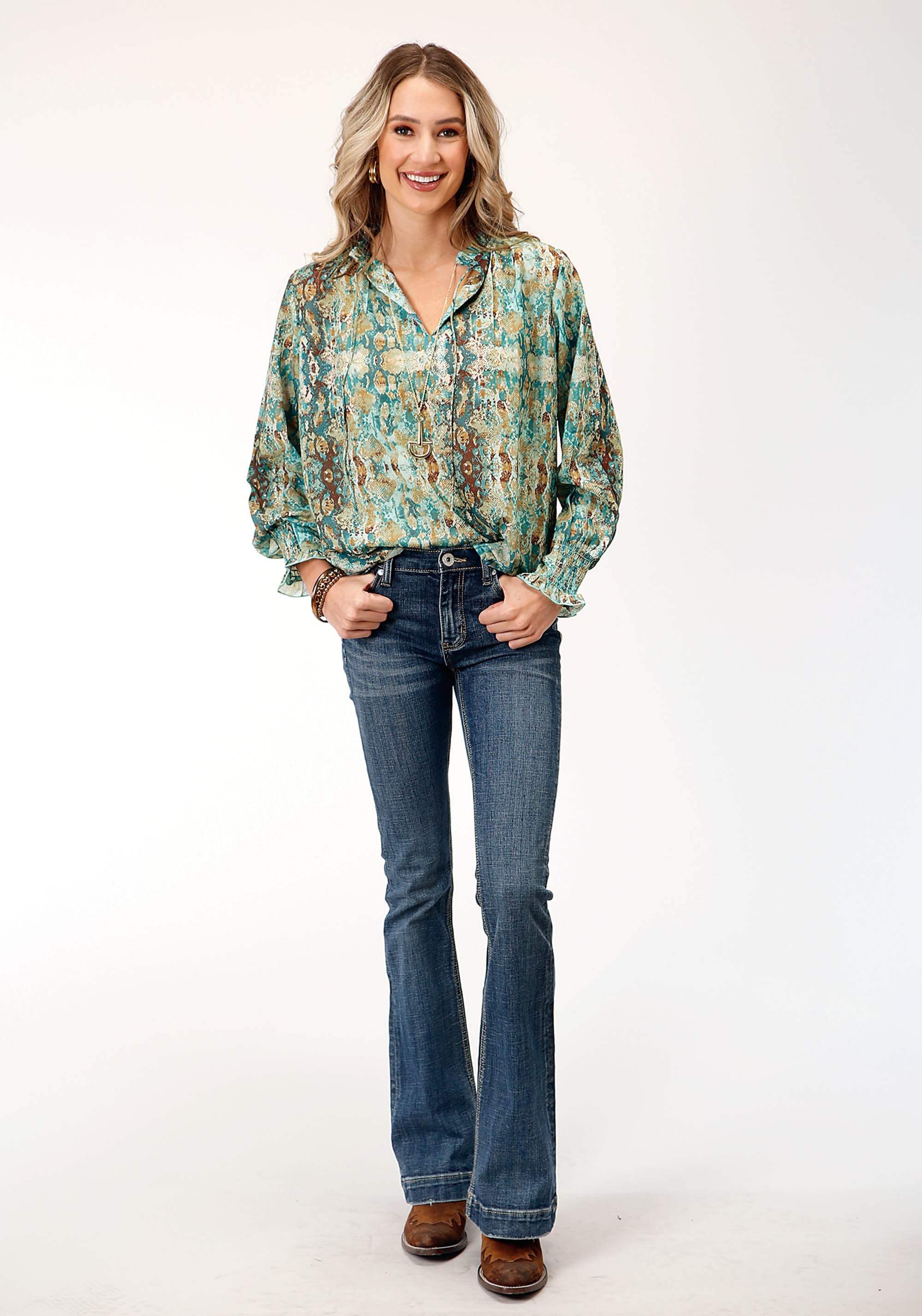 Roper Womens Long Sleeve Poly Teal Snake Print Blouse - Roper - Flyclothing LLC