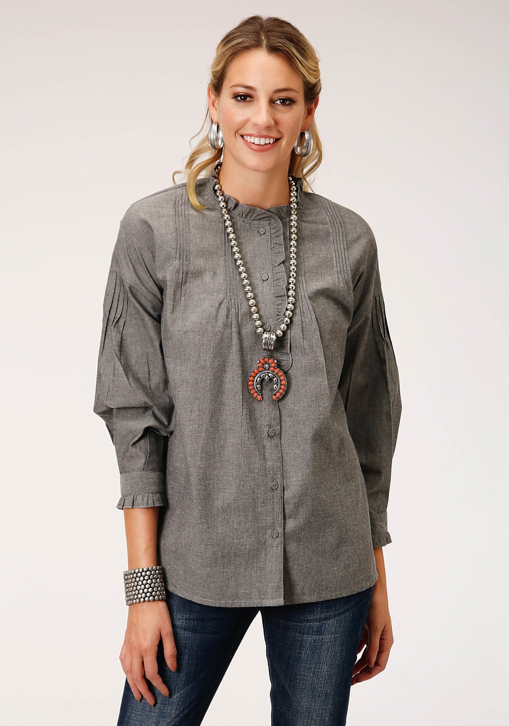 Roper Womens Long Sleeve Cotton Melange Y D Btn Frt Blouse - Roper
