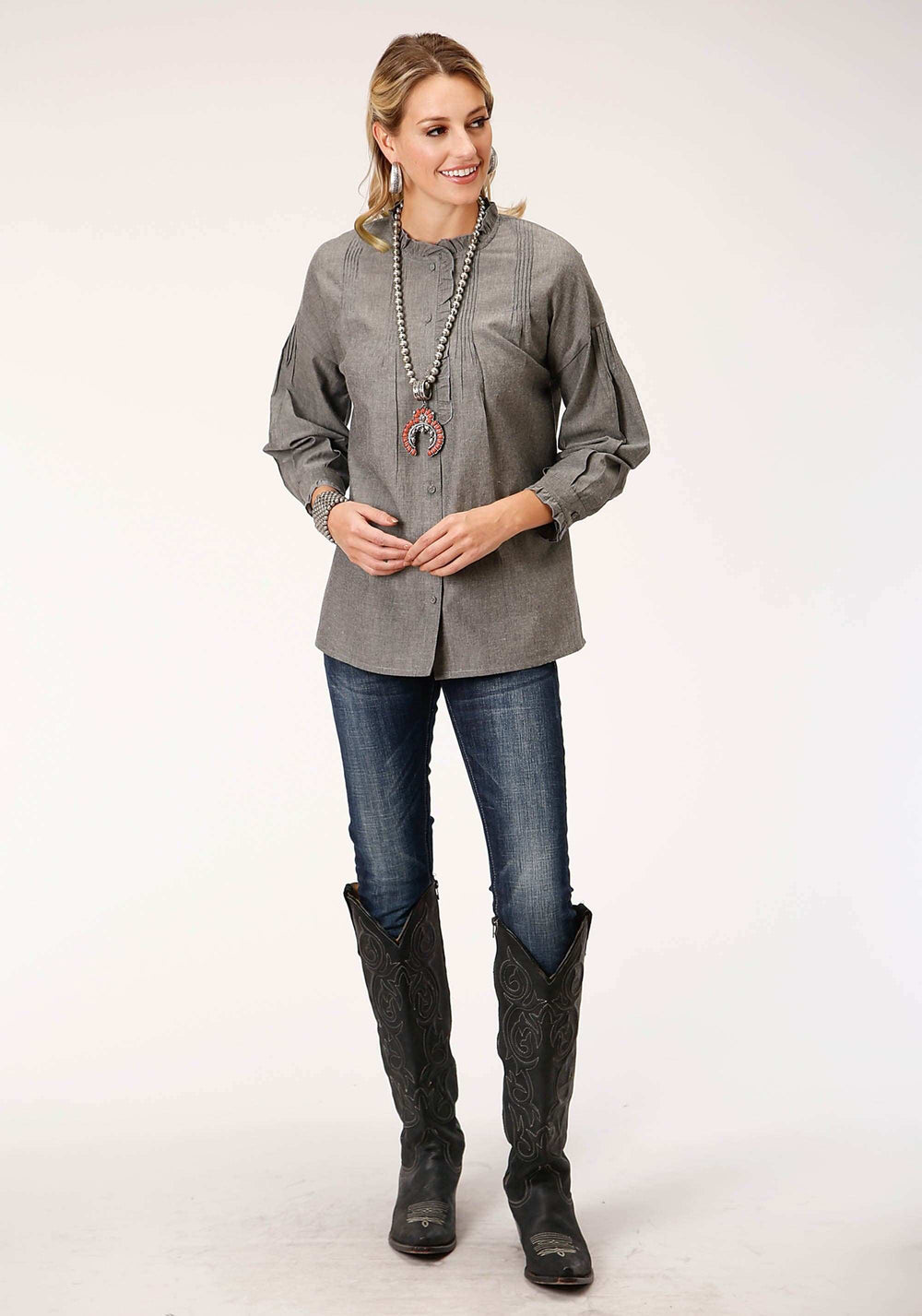 Roper Womens Long Sleeve Cotton Melange Y D Btn Frt Blouse - Roper - Flyclothing LLC