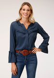 Roper Womens Long Sleeve Navy Poly American Crepe Blouse - Roper