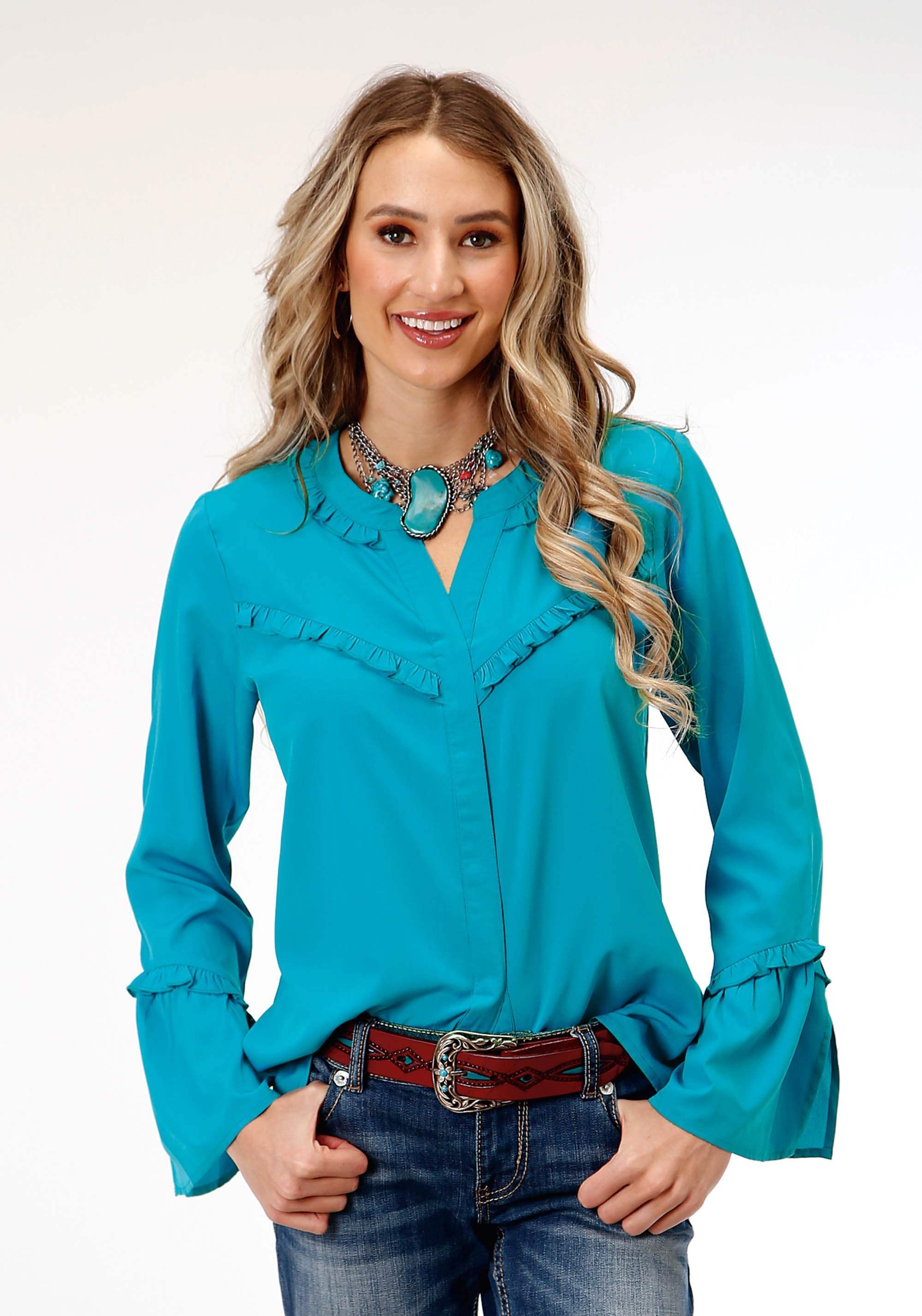 Roper Womens Long Sleeve Dk Turquoise Poly Peasant Blouse - Roper - Flyclothing LLC