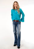 Roper Womens Long Sleeve Dk Turquoise Poly Peasant Blouse - Roper