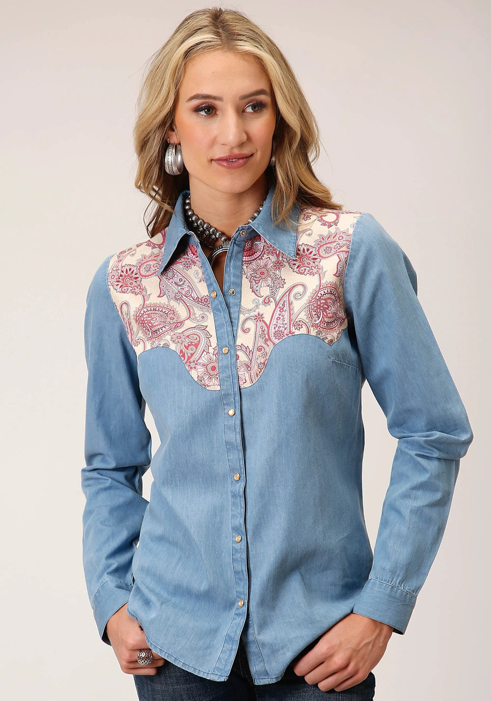 Roper Womens Long Sleeve Snap Denim Retro Shirt Western Shirt - Roper