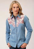 Roper Womens Long Sleeve Snap Denim Retro Shirt Western Shirt - Roper