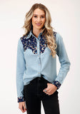 Roper Womens Long Sleeve Snap Light Blue Denim Retro Shirt Western Shirt - Roper