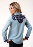 Roper Womens Long Sleeve Snap Light Blue Denim Retro Shirt Western Shirt - Roper