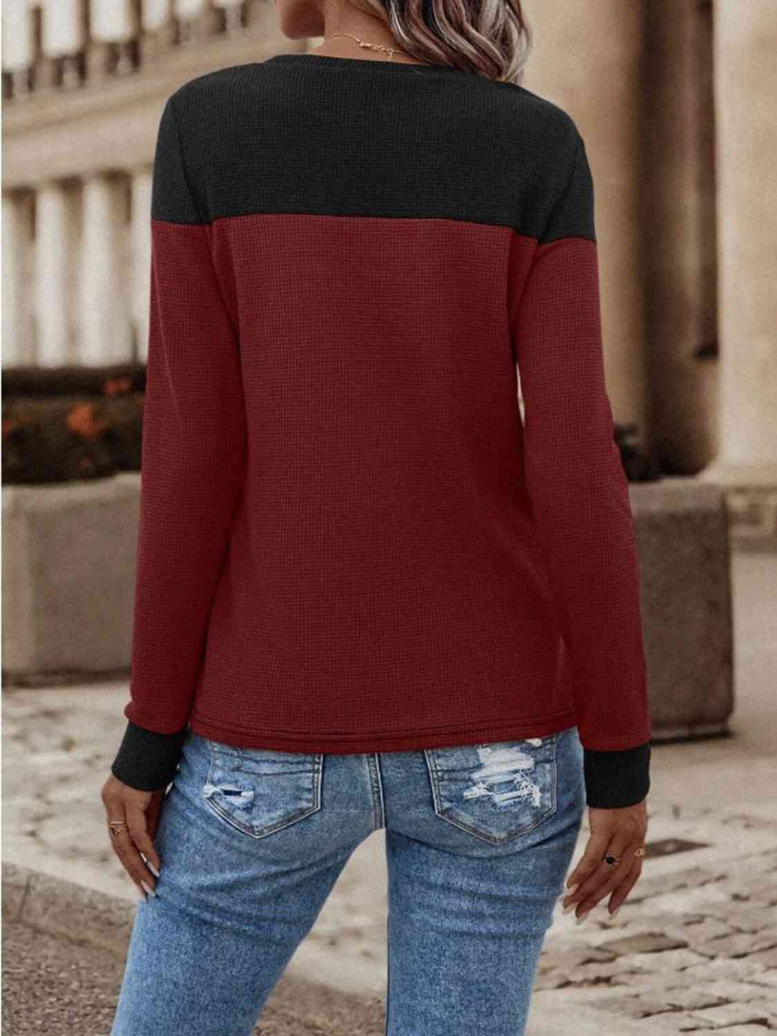 Contrast Buttoned Round Neck Long Sleeve T-Shirt - Trendsi - Flyclothing LLC