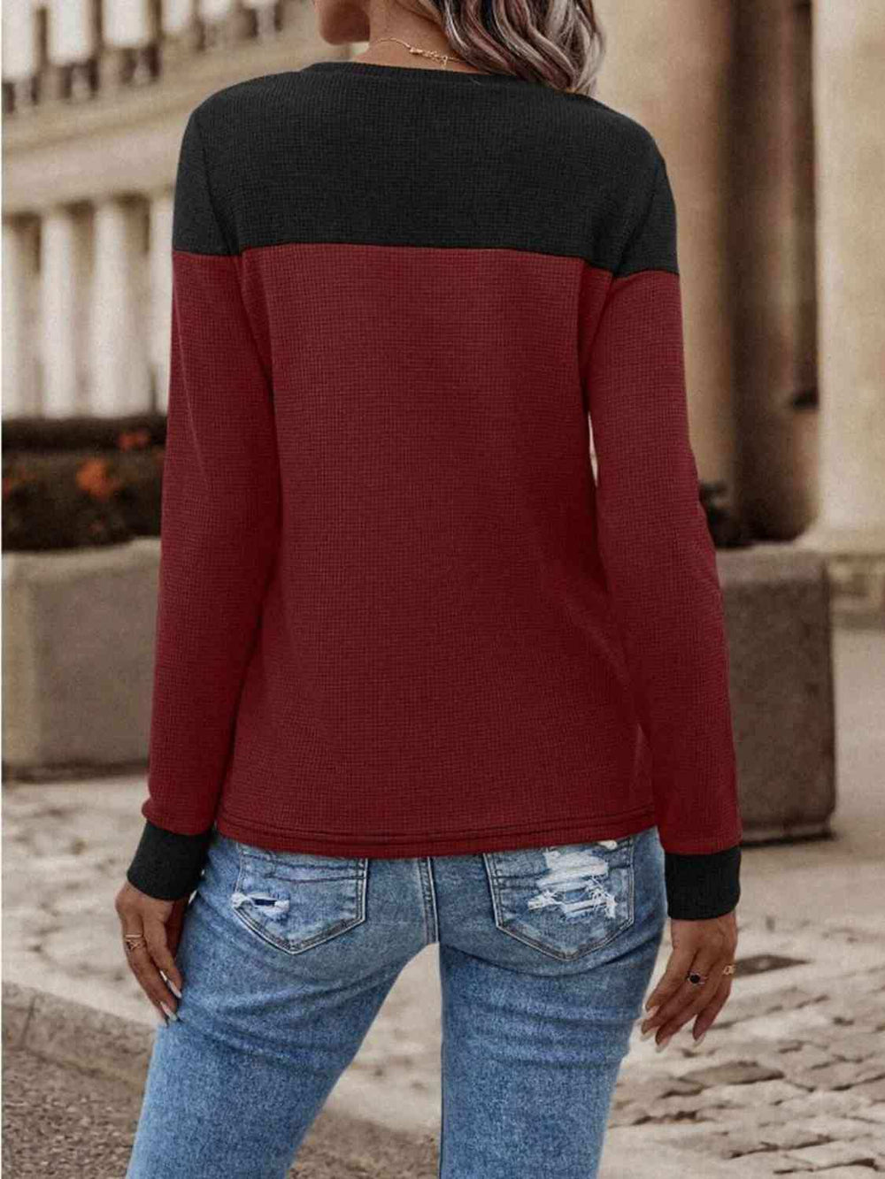 Contrast Buttoned Round Neck Long Sleeve T-Shirt - Trendsi - Flyclothing LLC