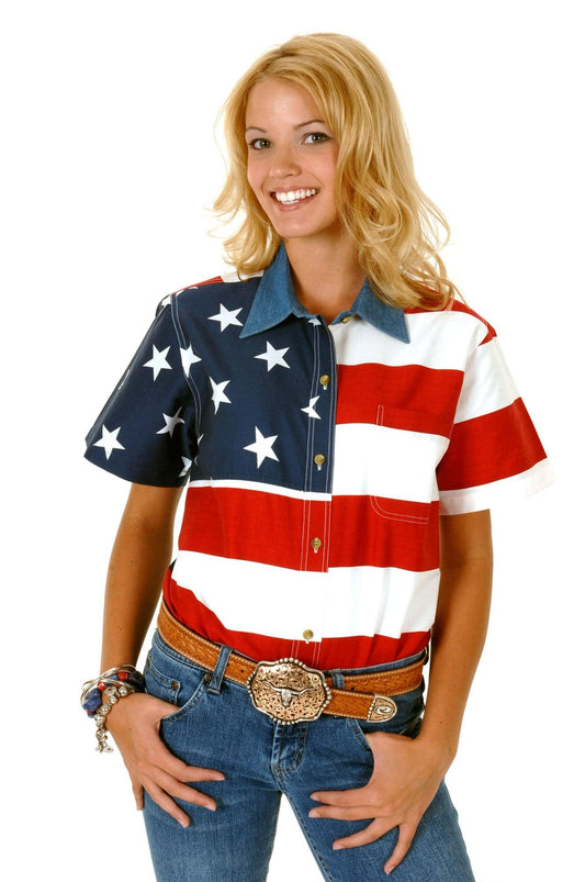Roper Womens Red White And Blue Stars And Stripes Pieced American Flag Short Sleeve Western Snap Shirt - Roper