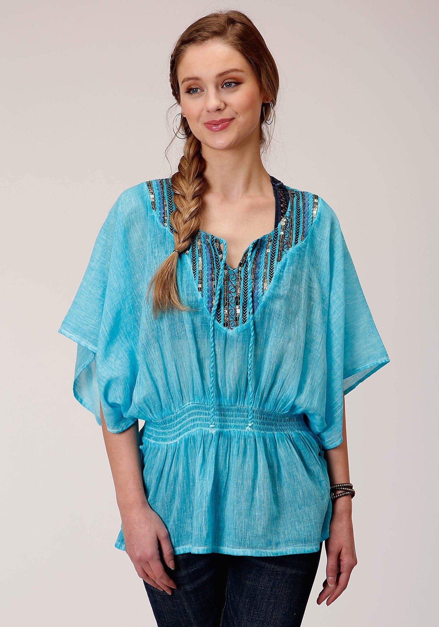 Roper Womens Short Sleeve Cotton Crepe Emb Blouse - Roper - Flyclothing LLC