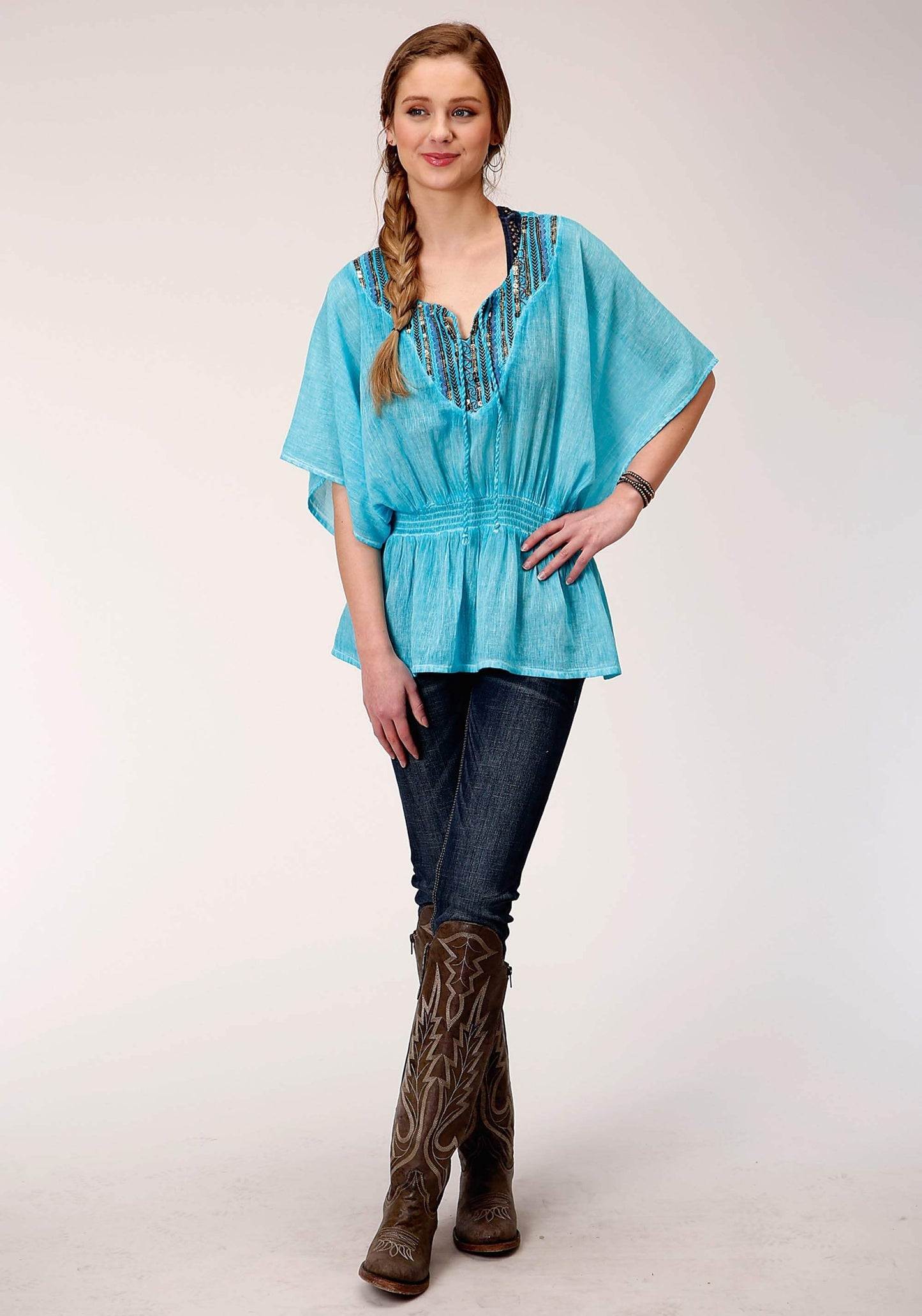 Roper Womens Short Sleeve Cotton Crepe Emb Blouse - Roper - Flyclothing LLC