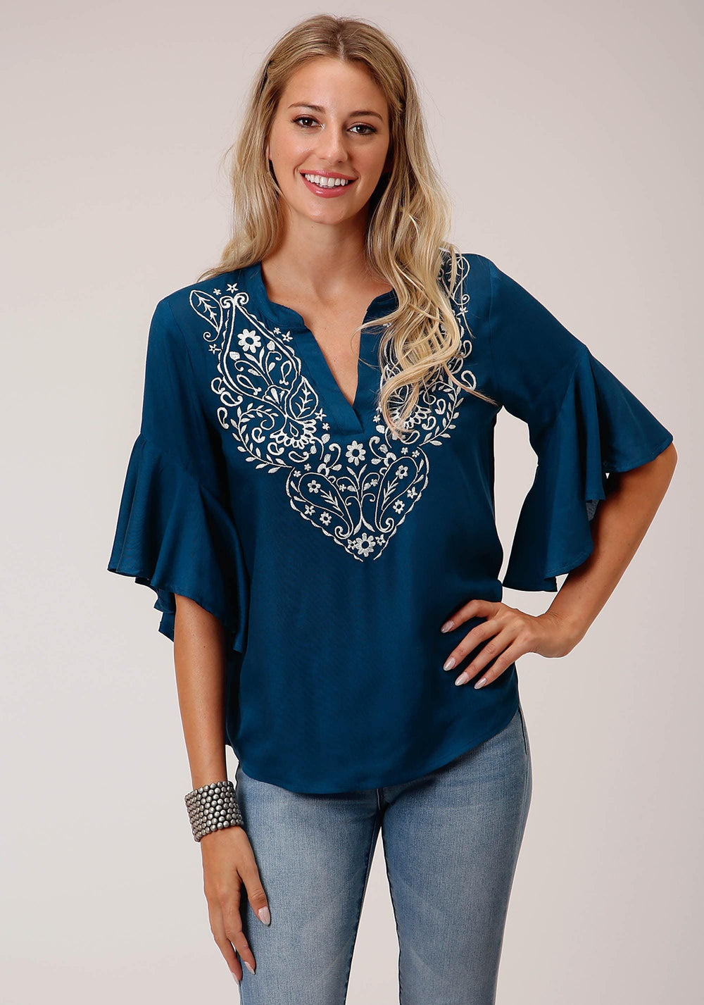 Roper Womens Rayon Challis Peasant Short Sleeve Western Shirt - Roper