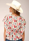 Roper Womens Short Sleeve Boot Print Rayon Prairie Style Blouse - Roper