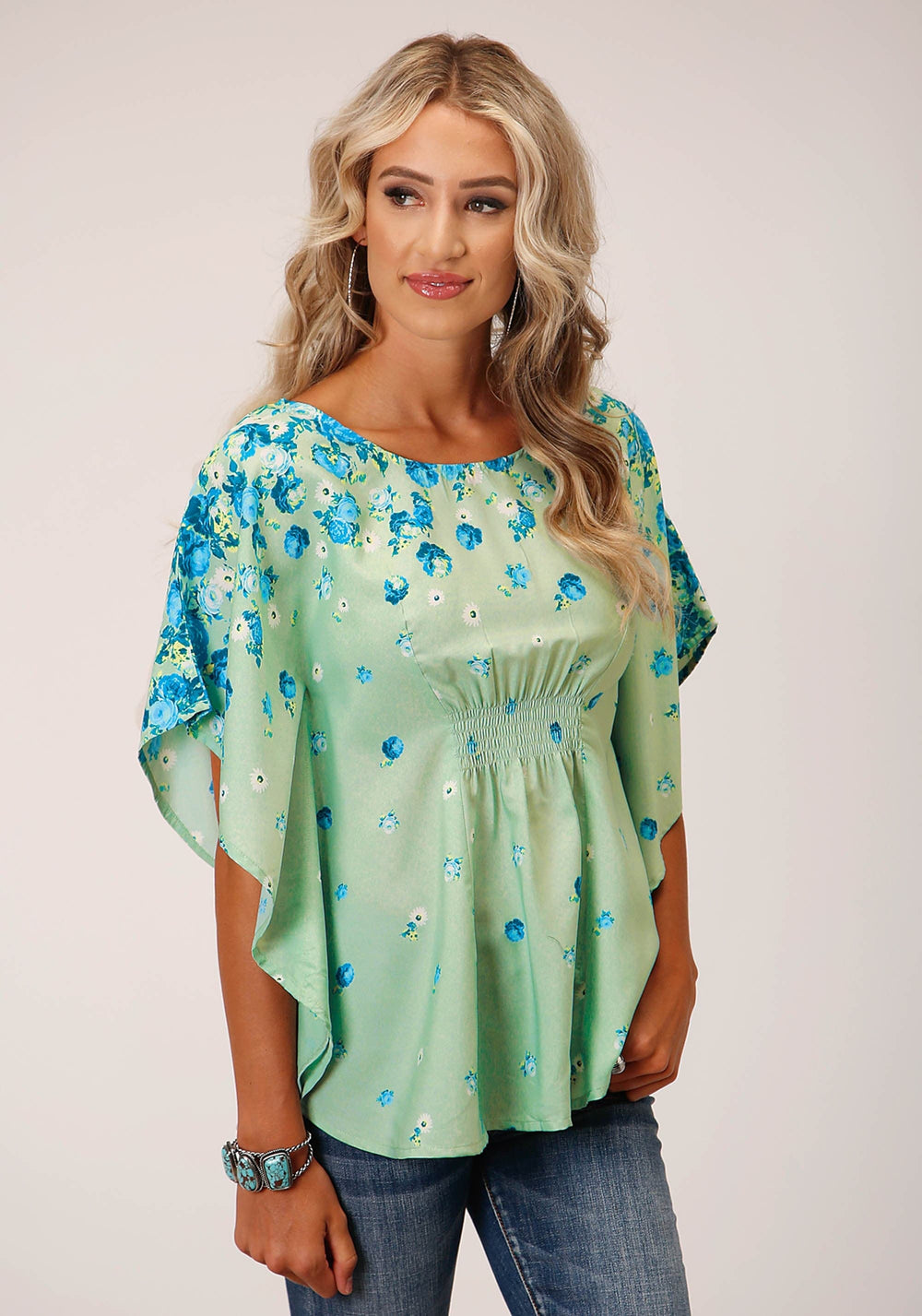 Roper Womens Short Sleeve Summer Floral Brdr Print Amer Crepe Blouse - Roper