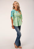 Roper Womens Short Sleeve Summer Floral Brdr Print Amer Crepe Blouse - Roper